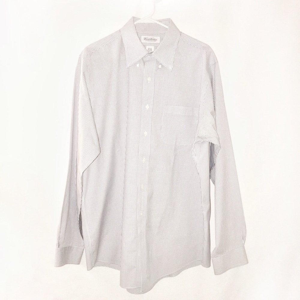 Brooks Brothers white with blue button shirt.